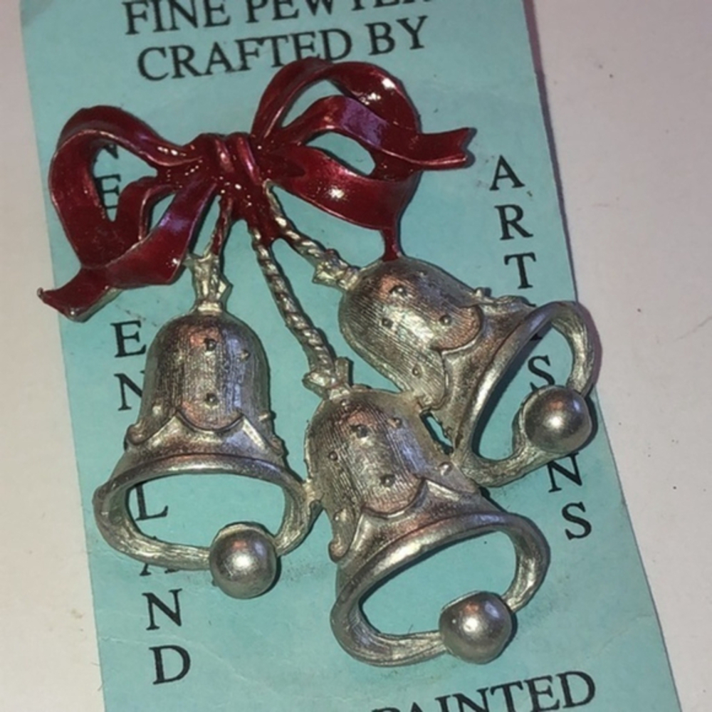 Vintage Hand Painted Pewter & Red Christmas Holiday Bells Brooch Shoulder Pin